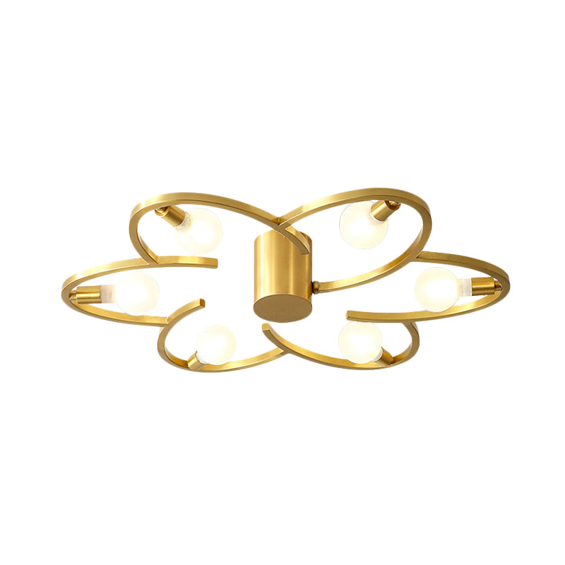 Modern Flower Semi Flush Mount Metallic 5/6-Head Bedroom Close to Ceiling Lighting in Gold Clearhalo 'Ceiling Lights' 'Close To Ceiling Lights' 'Close to ceiling' 'Glass shade' 'Glass' 'Semi-flushmount' Lighting' 731118