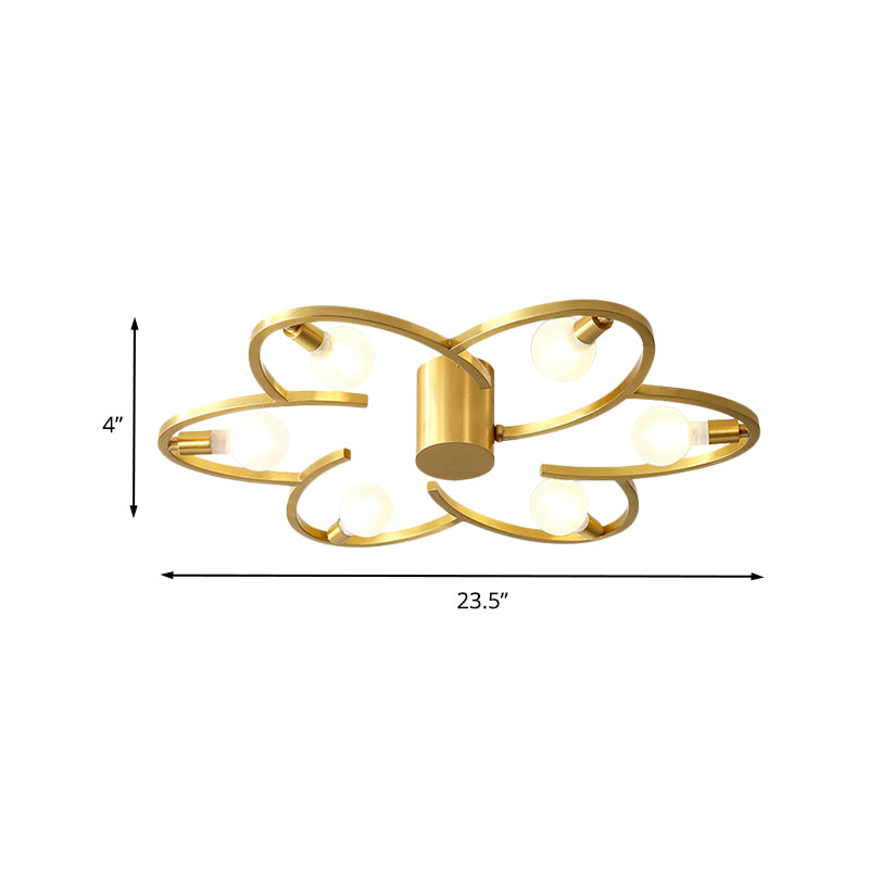 Modern Flower Semi Flush Mount Metallic 5/6-Head Bedroom Close to Ceiling Lighting in Gold Clearhalo 'Ceiling Lights' 'Close To Ceiling Lights' 'Close to ceiling' 'Glass shade' 'Glass' 'Semi-flushmount' Lighting' 731120