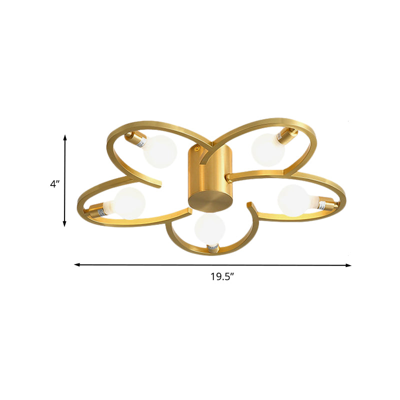 Modern Flower Semi Flush Mount Metallic 5/6-Head Bedroom Close to Ceiling Lighting in Gold Clearhalo 'Ceiling Lights' 'Close To Ceiling Lights' 'Close to ceiling' 'Glass shade' 'Glass' 'Semi-flushmount' Lighting' 731124