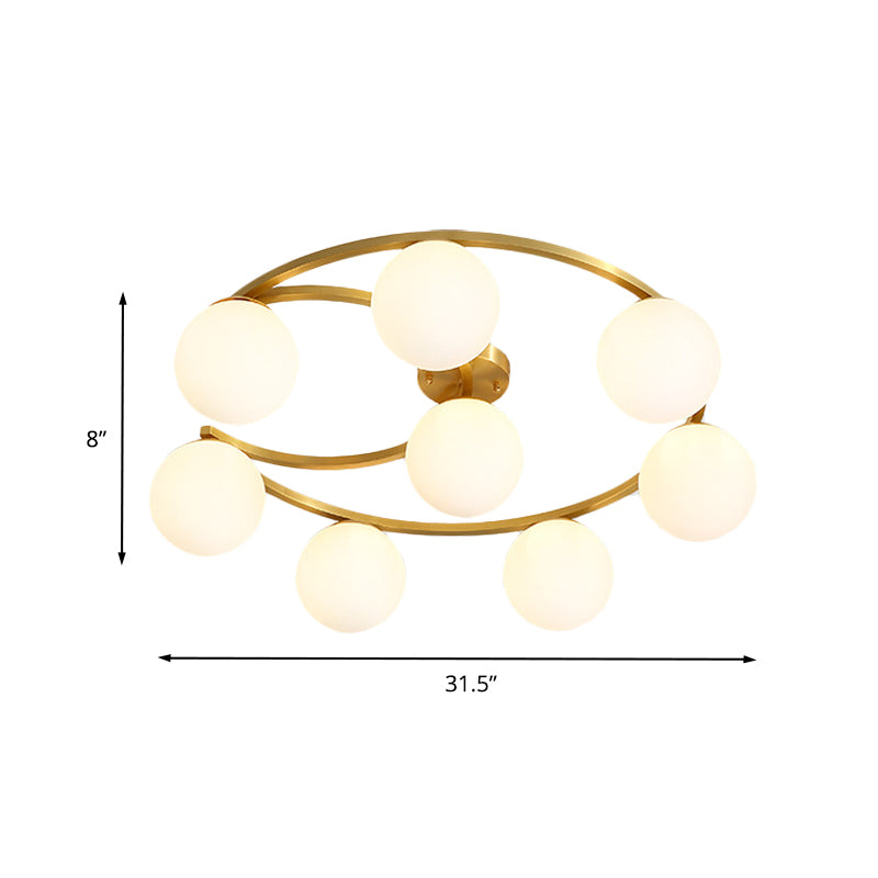 Gold Ball Semi Flushmount Modernist 3/6/8-Light Cream Glass LED Flush Mounted Lamp with Moon Design Clearhalo 'Ceiling Lights' 'Close To Ceiling Lights' 'Close to ceiling' 'Glass shade' 'Glass' 'Semi-flushmount' Lighting' 731137