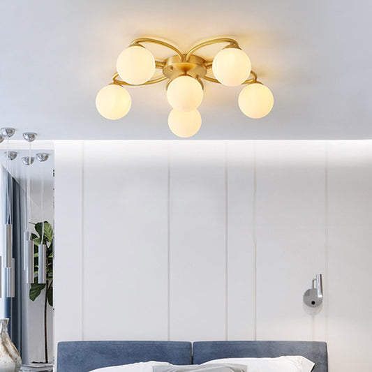 Orb Bedroom Semi Flush Light Opal Glass 6 Heads Modernism Flush Ceiling Lamp in Gold with Flower Design Clearhalo 'Ceiling Lights' 'Close To Ceiling Lights' 'Close to ceiling' 'Glass shade' 'Glass' 'Semi-flushmount' Lighting' 731139
