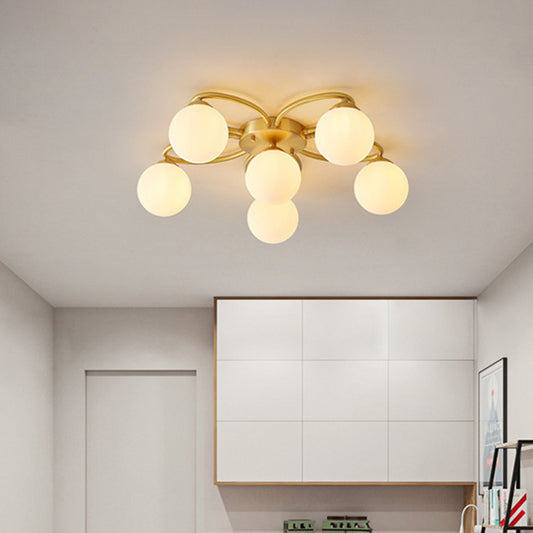 Orb Bedroom Semi Flush Light Opal Glass 6 Heads Modernism Flush Ceiling Lamp in Gold with Flower Design Clearhalo 'Ceiling Lights' 'Close To Ceiling Lights' 'Close to ceiling' 'Glass shade' 'Glass' 'Semi-flushmount' Lighting' 731140