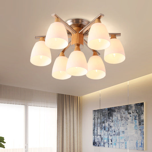 Modernist 7 Lights Semi Flush Lighting Chrome and Wood Cup Ceiling Mounted Lamp with Opal Glass Shade Chrome Clearhalo 'Ceiling Lights' 'Close To Ceiling Lights' 'Close to ceiling' 'Glass shade' 'Glass' 'Semi-flushmount' Lighting' 731143
