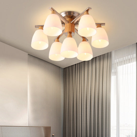 Modernist 7 Lights Semi Flush Lighting Chrome and Wood Cup Ceiling Mounted Lamp with Opal Glass Shade Clearhalo 'Ceiling Lights' 'Close To Ceiling Lights' 'Close to ceiling' 'Glass shade' 'Glass' 'Semi-flushmount' Lighting' 731144