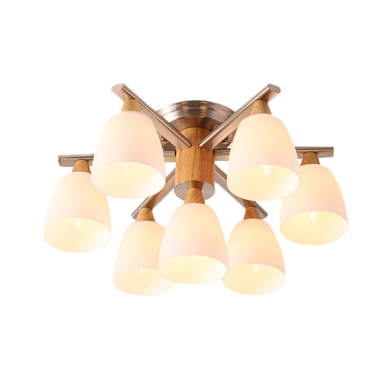 Modernist 7 Lights Semi Flush Lighting Chrome and Wood Cup Ceiling Mounted Lamp with Opal Glass Shade Clearhalo 'Ceiling Lights' 'Close To Ceiling Lights' 'Close to ceiling' 'Glass shade' 'Glass' 'Semi-flushmount' Lighting' 731145