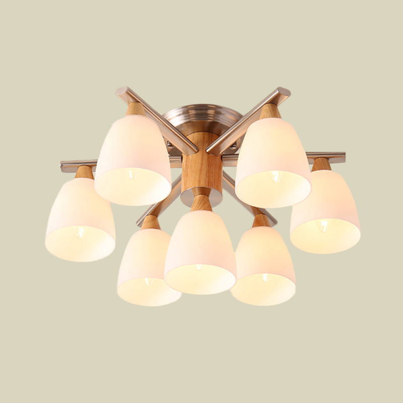 Modernist 7 Lights Semi Flush Lighting Chrome and Wood Cup Ceiling Mounted Lamp with Opal Glass Shade Clearhalo 'Ceiling Lights' 'Close To Ceiling Lights' 'Close to ceiling' 'Glass shade' 'Glass' 'Semi-flushmount' Lighting' 731146