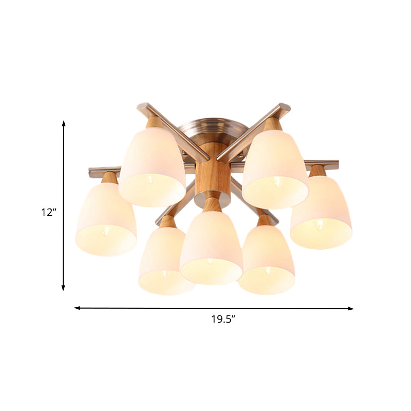 Modernist 7 Lights Semi Flush Lighting Chrome and Wood Cup Ceiling Mounted Lamp with Opal Glass Shade Clearhalo 'Ceiling Lights' 'Close To Ceiling Lights' 'Close to ceiling' 'Glass shade' 'Glass' 'Semi-flushmount' Lighting' 731147