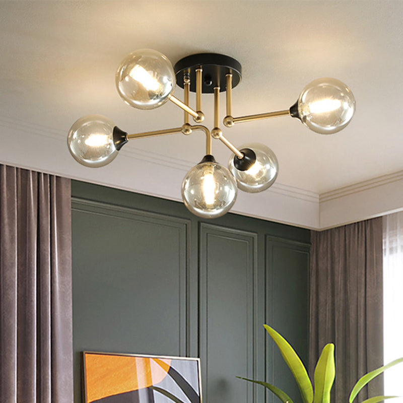 Modern 5 Lights Semi Flush Lighting Gold/Black and Gold Sphere Ceiling Lamp with Clear Glass Shade Black-Gold Clearhalo 'Ceiling Lights' 'Chandeliers' 'Close To Ceiling Lights' 'Close to ceiling' 'Glass shade' 'Glass' 'Semi-flushmount' Lighting' 731181