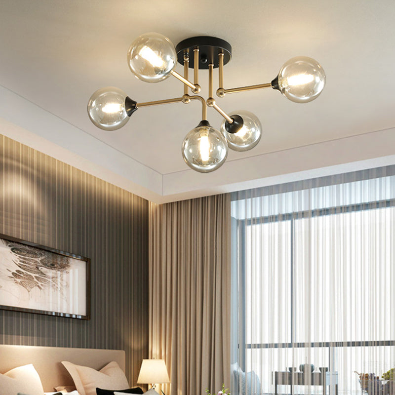 Modern 5 Lights Semi Flush Lighting Gold/Black and Gold Sphere Ceiling Lamp with Clear Glass Shade - Clearhalo - 'Ceiling Lights' - 'Chandeliers' - 'Close To Ceiling Lights' - 'Close to ceiling' - 'Glass shade' - 'Glass' - 'Semi-flushmount' - Lighting' - 731182