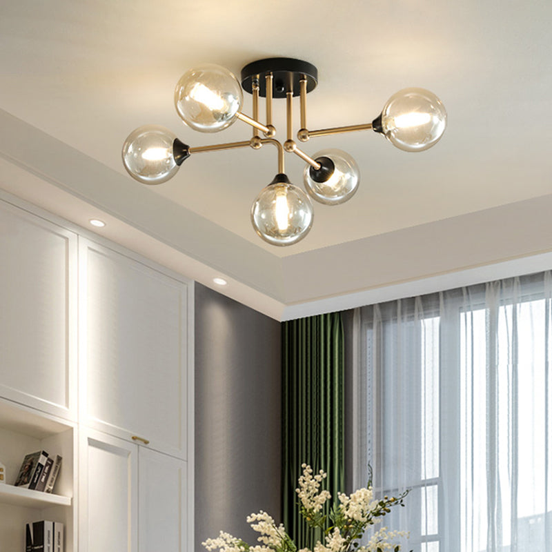 Modern 5 Lights Semi Flush Lighting Gold/Black and Gold Sphere Ceiling Lamp with Clear Glass Shade Clearhalo 'Ceiling Lights' 'Chandeliers' 'Close To Ceiling Lights' 'Close to ceiling' 'Glass shade' 'Glass' 'Semi-flushmount' Lighting' 731183