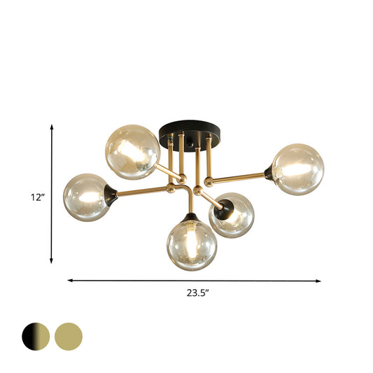Modern 5 Lights Semi Flush Lighting Gold/Black and Gold Sphere Ceiling Lamp with Clear Glass Shade Clearhalo 'Ceiling Lights' 'Chandeliers' 'Close To Ceiling Lights' 'Close to ceiling' 'Glass shade' 'Glass' 'Semi-flushmount' Lighting' 731185