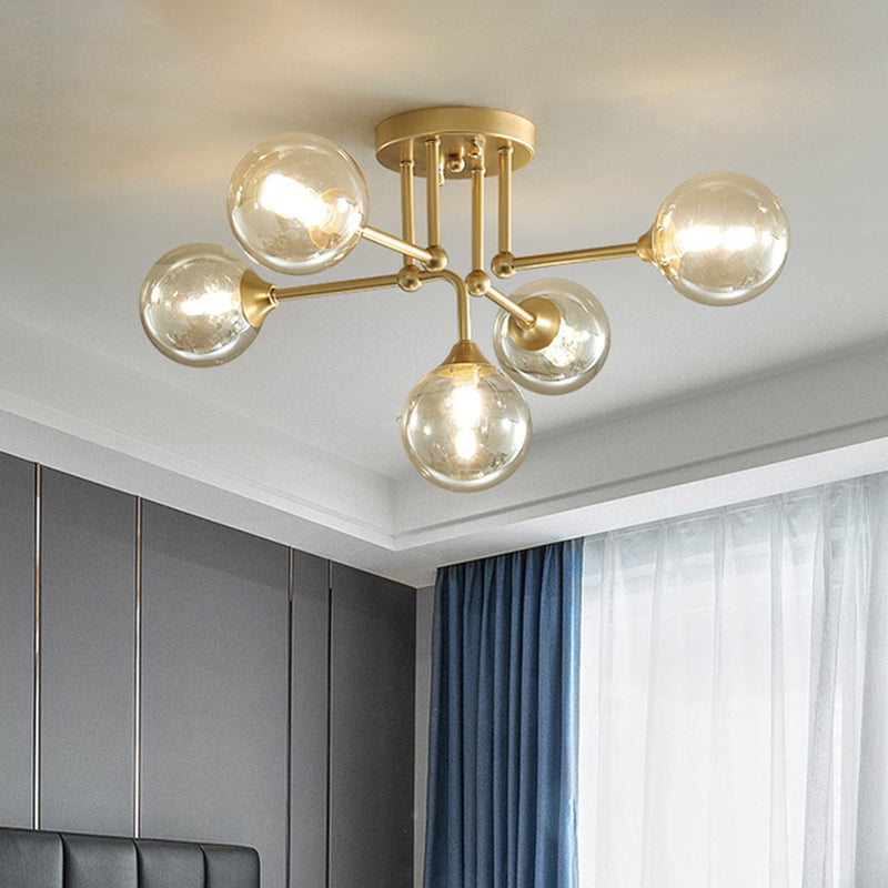 Modern 5 Lights Semi Flush Lighting Gold/Black and Gold Sphere Ceiling Lamp with Clear Glass Shade - Gold - Clearhalo - 'Ceiling Lights' - 'Chandeliers' - 'Close To Ceiling Lights' - 'Close to ceiling' - 'Glass shade' - 'Glass' - 'Semi-flushmount' - Lighting' - 731186