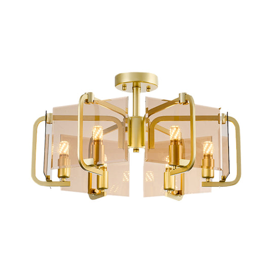 Gold Rectangle Panel Semi Flush Light Modernist 6 Bulbs Tan Glass Flush Mounted Lamp with Drum Design Clearhalo 'Ceiling Lights' 'Chandeliers' 'Close To Ceiling Lights' 'Close to ceiling' 'Glass shade' 'Glass' 'Semi-flushmount' Lighting' 731196