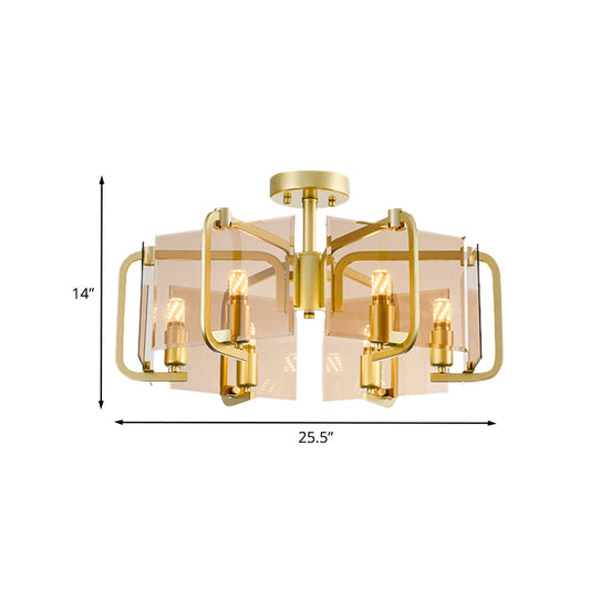 Gold Rectangle Panel Semi Flush Light Modernist 6 Bulbs Tan Glass Flush Mounted Lamp with Drum Design Clearhalo 'Ceiling Lights' 'Chandeliers' 'Close To Ceiling Lights' 'Close to ceiling' 'Glass shade' 'Glass' 'Semi-flushmount' Lighting' 731198
