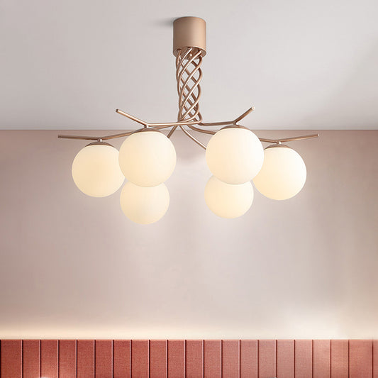 Contemporary Spiral Chandelier Light Iron 6-Head Pendant in Rose Gold with Sphere White Glass Shade Clearhalo 'Ceiling Lights' 'Chandeliers' 'Glass shade' 'Glass' 'Modern Chandeliers' 'Modern' Lighting' 731219