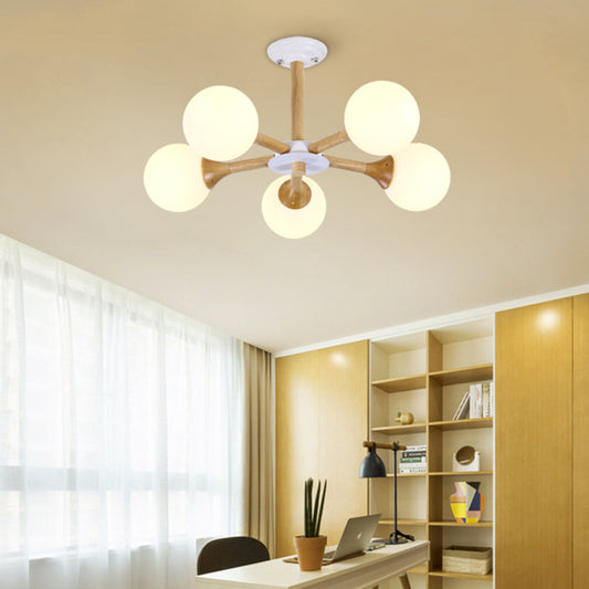 Radial Bedroom Pendant Chandelier Wood 5-Bulb Modern Hanging Lamp Kid with Orb White Glass Shade Clearhalo 'Ceiling Lights' 'Chandeliers' 'Glass shade' 'Glass' 'Modern Chandeliers' 'Modern' Lighting' 731224