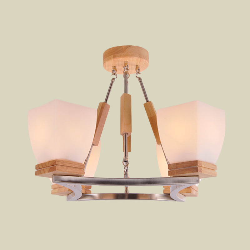Trapezoid Hanging Chandelier Modernism White Frosted Glass 4 Heads Chrome and Wood Ceiling Light Clearhalo 'Ceiling Lights' 'Chandeliers' 'Glass shade' 'Glass' 'Modern Chandeliers' 'Modern' Lighting' 731236