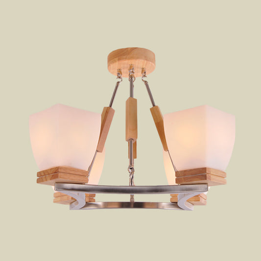 Trapezoid Hanging Chandelier Modernism White Frosted Glass 4 Heads Chrome and Wood Ceiling Light Clearhalo 'Ceiling Lights' 'Chandeliers' 'Glass shade' 'Glass' 'Modern Chandeliers' 'Modern' Lighting' 731236