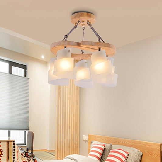 Spiral Panel Living Room Chandelier Lighting White Frosted Glass 3/5 Bulbs Modern Suspension Pendant with Wood Shelf 5 White Clearhalo 'Ceiling Lights' 'Chandeliers' 'Glass shade' 'Glass' 'Modern Chandeliers' 'Modern' 'Pendant Lights' Lighting' 731238