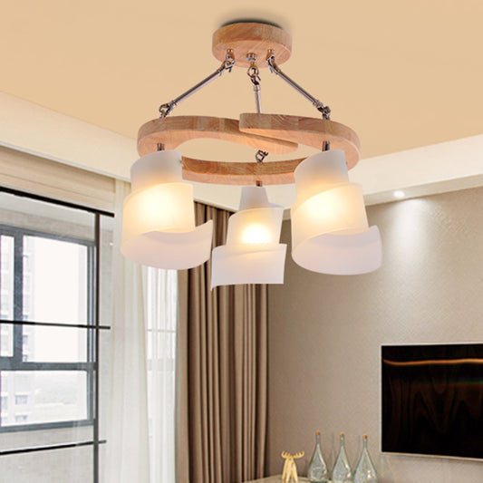 Spiral Panel Living Room Chandelier Lighting White Frosted Glass 3/5 Bulbs Modern Suspension Pendant with Wood Shelf 3 White Clearhalo 'Ceiling Lights' 'Chandeliers' 'Glass shade' 'Glass' 'Modern Chandeliers' 'Modern' 'Pendant Lights' Lighting' 731243