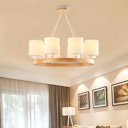 White Glass Cylinder Chandelier Light Modern 4/6/8-Light Wood Hanging Pendant Lamp with Ring Design Clearhalo 'Ceiling Lights' 'Chandeliers' 'Glass shade' 'Glass' 'Modern Chandeliers' 'Modern' Lighting' 731253