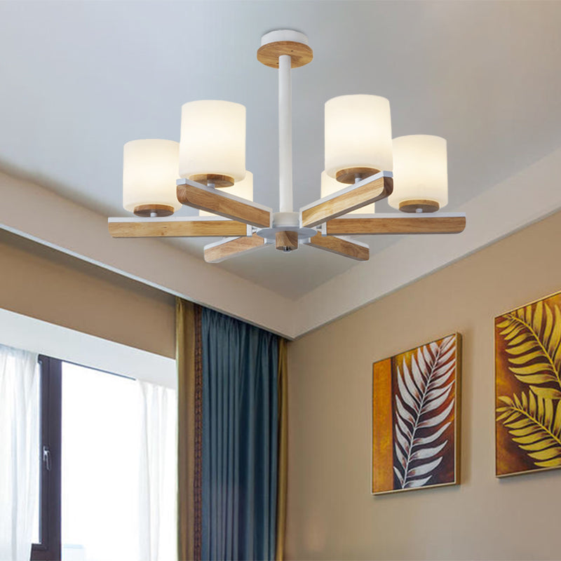Modernist Cylinder Chandelier White Frosted Glass 6-Head Living Room Radial Pendant in Wood Clearhalo 'Ceiling Lights' 'Chandeliers' 'Glass shade' 'Glass' 'Modern Chandeliers' 'Modern' Lighting' 731261