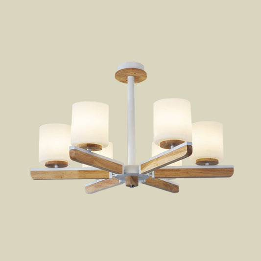 Modernist Cylinder Chandelier White Frosted Glass 6-Head Living Room Radial Pendant in Wood Clearhalo 'Ceiling Lights' 'Chandeliers' 'Glass shade' 'Glass' 'Modern Chandeliers' 'Modern' Lighting' 731263