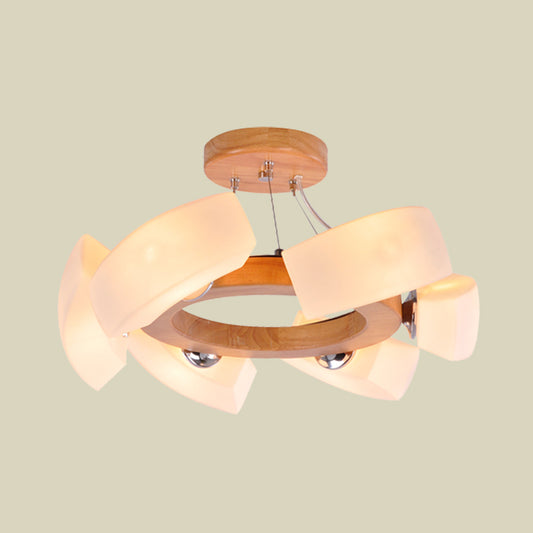Wood Curved Chandelier Pendant Light Japanese 6 Lights White Glass Ring Hanging Ceiling Lamp Clearhalo 'Ceiling Lights' 'Chandeliers' 'Modern Chandeliers' 'Modern' Lighting' 731268