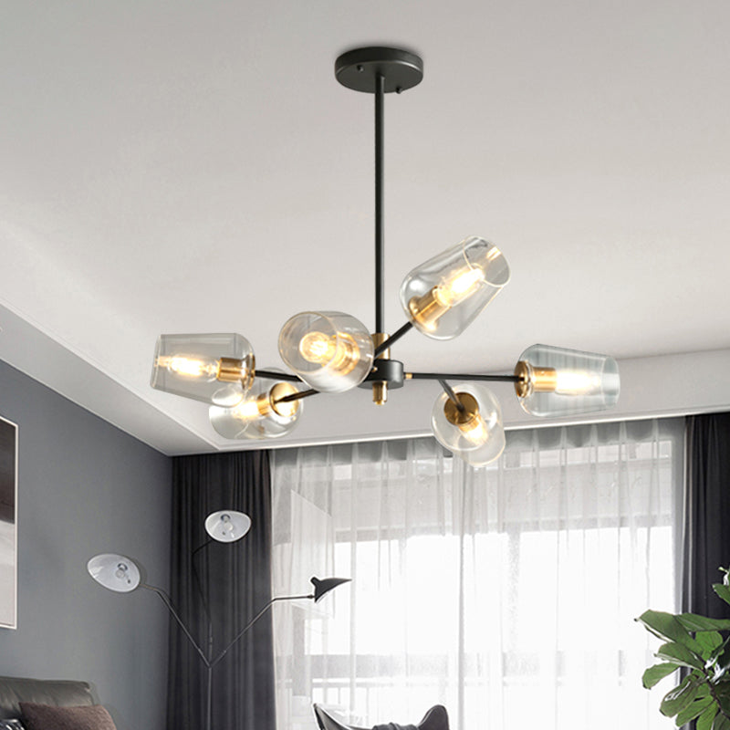 Modern Cup Shaped Chandelier Lighting Clear/Smoke Gray Glass 6/9 Lights Bedroom Radial Suspension Lamp in Black 6 Clear Clearhalo 'Ceiling Lights' 'Chandeliers' 'Clear' 'Glass shade' 'Glass' 'Industrial' 'Modern Chandeliers' 'Modern' 'Tiffany' 'Traditional Chandeliers' Lighting' 731275