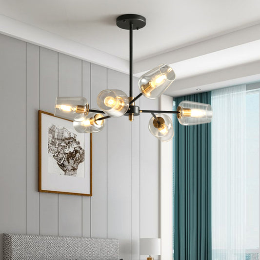 Modern Cup Shaped Chandelier Lighting Clear/Smoke Gray Glass 6/9 Lights Bedroom Radial Suspension Lamp in Black Clearhalo 'Ceiling Lights' 'Chandeliers' 'Clear' 'Glass shade' 'Glass' 'Industrial' 'Modern Chandeliers' 'Modern' 'Tiffany' 'Traditional Chandeliers' Lighting' 731276
