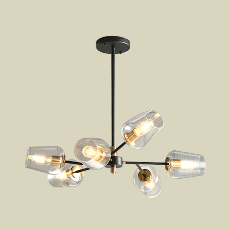 Modern Cup Shaped Chandelier Lighting Clear/Smoke Gray Glass 6/9 Lights Bedroom Radial Suspension Lamp in Black Clearhalo 'Ceiling Lights' 'Chandeliers' 'Clear' 'Glass shade' 'Glass' 'Industrial' 'Modern Chandeliers' 'Modern' 'Tiffany' 'Traditional Chandeliers' Lighting' 731278