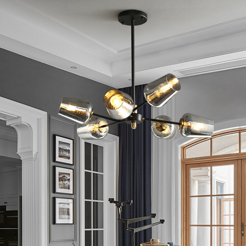 Modern Cup Shaped Chandelier Lighting Clear/Smoke Gray Glass 6/9 Lights Bedroom Radial Suspension Lamp in Black Clearhalo 'Ceiling Lights' 'Chandeliers' 'Clear' 'Glass shade' 'Glass' 'Industrial' 'Modern Chandeliers' 'Modern' 'Tiffany' 'Traditional Chandeliers' Lighting' 731281