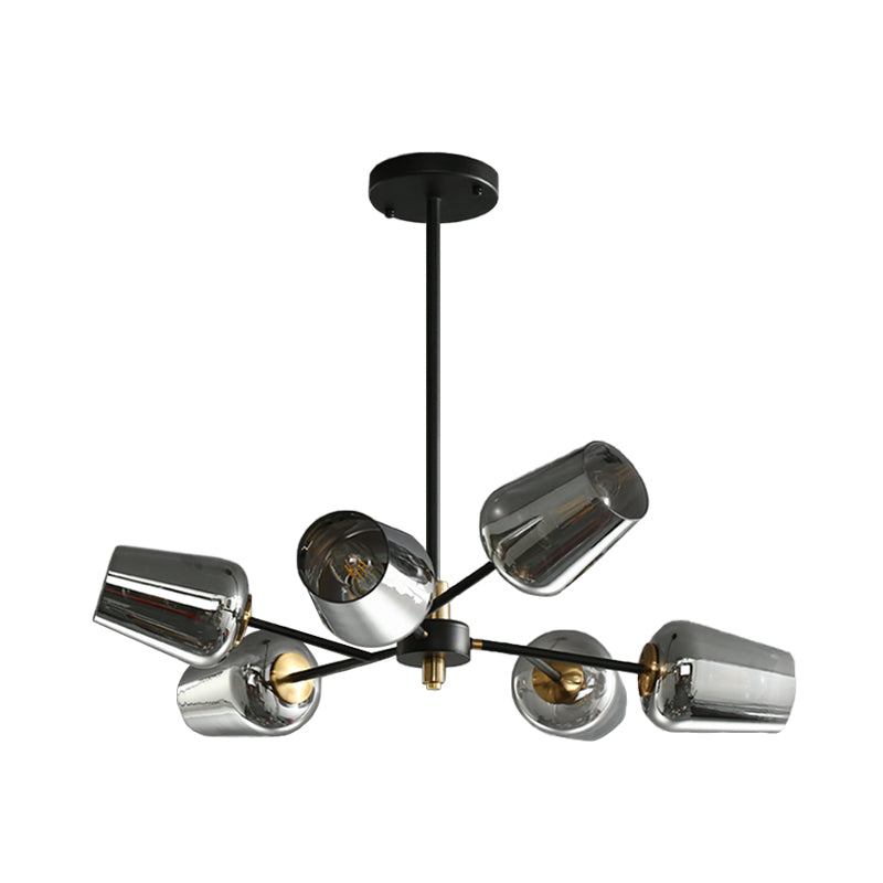 Modern Cup Shaped Chandelier Lighting Clear/Smoke Gray Glass 6/9 Lights Bedroom Radial Suspension Lamp in Black Clearhalo 'Ceiling Lights' 'Chandeliers' 'Clear' 'Glass shade' 'Glass' 'Industrial' 'Modern Chandeliers' 'Modern' 'Tiffany' 'Traditional Chandeliers' Lighting' 731282
