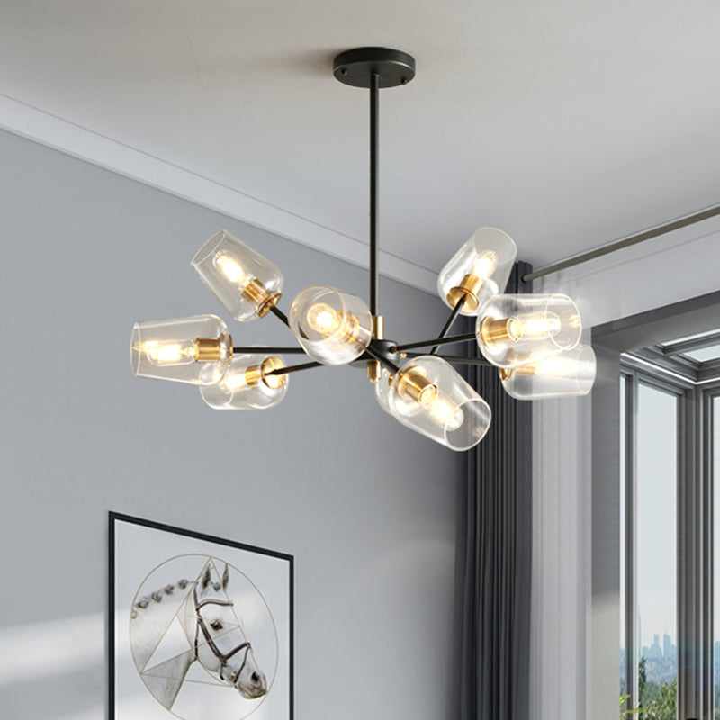 Modern Cup Shaped Chandelier Lighting Clear/Smoke Gray Glass 6/9 Lights Bedroom Radial Suspension Lamp in Black Clearhalo 'Ceiling Lights' 'Chandeliers' 'Clear' 'Glass shade' 'Glass' 'Industrial' 'Modern Chandeliers' 'Modern' 'Tiffany' 'Traditional Chandeliers' Lighting' 731284