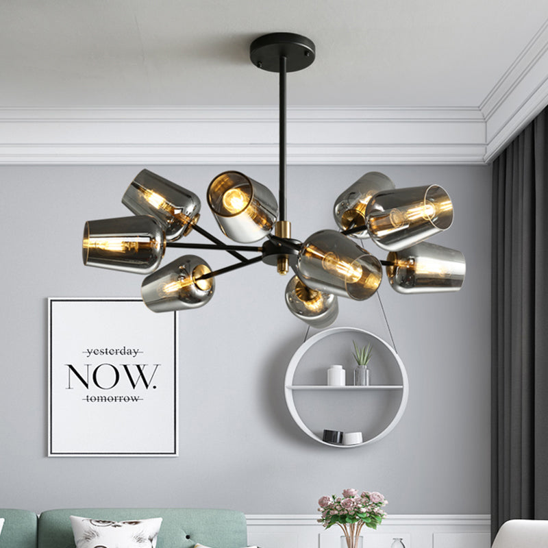 Modern Cup Shaped Chandelier Lighting Clear/Smoke Gray Glass 6/9 Lights Bedroom Radial Suspension Lamp in Black 9 Smoke Gray Clearhalo 'Ceiling Lights' 'Chandeliers' 'Clear' 'Glass shade' 'Glass' 'Industrial' 'Modern Chandeliers' 'Modern' 'Tiffany' 'Traditional Chandeliers' Lighting' 731287