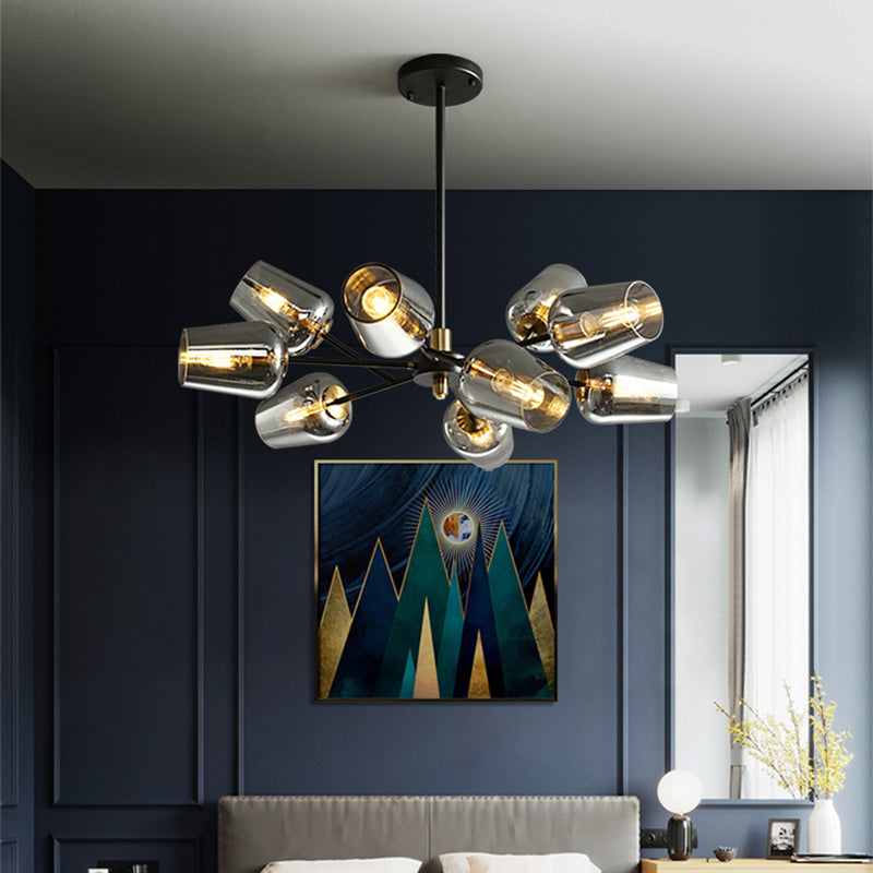 Modern Cup Shaped Chandelier Lighting Clear/Smoke Gray Glass 6/9 Lights Bedroom Radial Suspension Lamp in Black Clearhalo 'Ceiling Lights' 'Chandeliers' 'Clear' 'Glass shade' 'Glass' 'Industrial' 'Modern Chandeliers' 'Modern' 'Tiffany' 'Traditional Chandeliers' Lighting' 731288