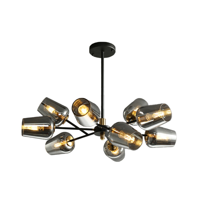Modern Cup Shaped Chandelier Lighting Clear/Smoke Gray Glass 6/9 Lights Bedroom Radial Suspension Lamp in Black Clearhalo 'Ceiling Lights' 'Chandeliers' 'Clear' 'Glass shade' 'Glass' 'Industrial' 'Modern Chandeliers' 'Modern' 'Tiffany' 'Traditional Chandeliers' Lighting' 731289