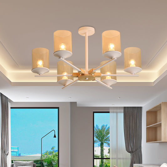 Radial Iron Ceiling Chandelier Modern 6 Heads White/Green and Wood Hanging Pendant with Cylinder Tan Glass Shade Clearhalo 'Ceiling Lights' 'Chandeliers' 'Glass shade' 'Glass' 'Modern Chandeliers' 'Modern' Lighting' 731292