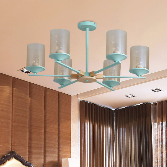 Radial Iron Ceiling Chandelier Modern 6 Heads White/Green and Wood Hanging Pendant with Cylinder Tan Glass Shade Green Clearhalo 'Ceiling Lights' 'Chandeliers' 'Glass shade' 'Glass' 'Modern Chandeliers' 'Modern' Lighting' 731295