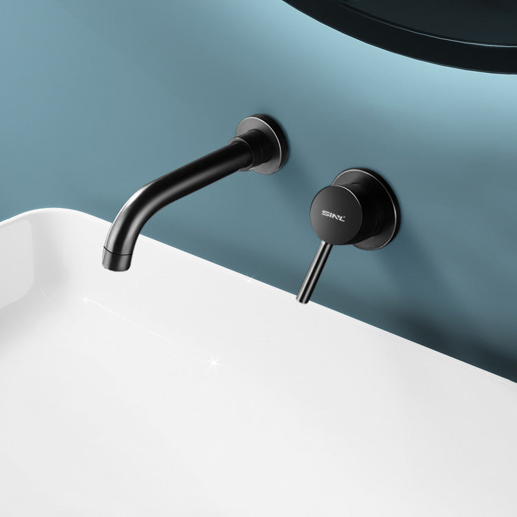 Widespread Wall Mounted Bathroom Sink Faucet Lever Handle Low Arc Sink Faucet Black Embedded Box Not Included Thin Handle Clearhalo 'Bathroom Remodel & Bathroom Fixtures' 'Bathroom Sink Faucets' 'Bathroom Sinks & Faucet Components' 'bathroom_sink_faucets' 'Home Improvement' 'home_improvement' 'home_improvement_bathroom_sink_faucets' 7313585
