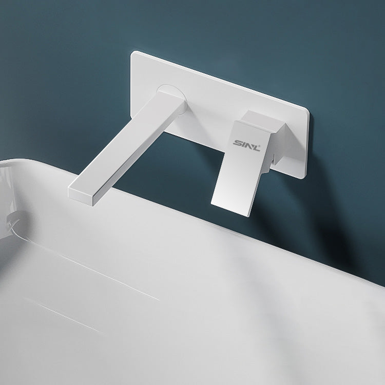 Widespread Wall Mounted Bathroom Sink Faucet Lever Handle Low Arc Sink Faucet White Square Handle Clearhalo 'Bathroom Remodel & Bathroom Fixtures' 'Bathroom Sink Faucets' 'Bathroom Sinks & Faucet Components' 'bathroom_sink_faucets' 'Home Improvement' 'home_improvement' 'home_improvement_bathroom_sink_faucets' 7313592