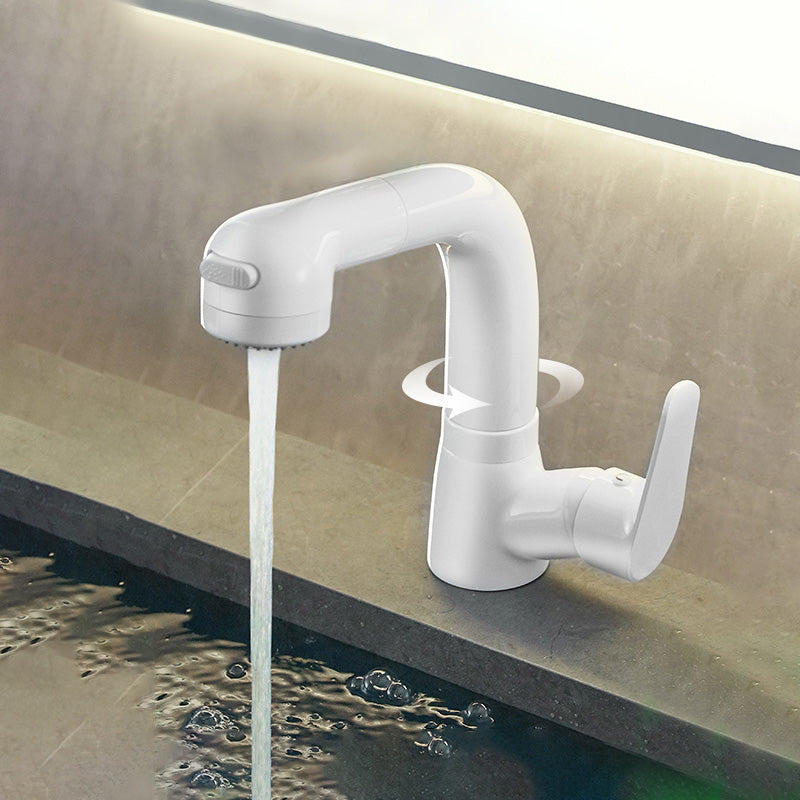 Modern Vessel Sink Faucet Lever Handle Pull-out Bathroom Faucet Branco Interior Clearhalo 'bathroom_sink_faucets' 'Conjuntos de Torneiras de Lavatório e Banheiro' 'home_improvement' 'home_improvement_bathroom_sink_faucets' 'Mobiliário Doméstico' 'Página inicial' 'Renovação e equipamento de casa de banho' 'Torneira para lavatório de banheiro' 7313626
