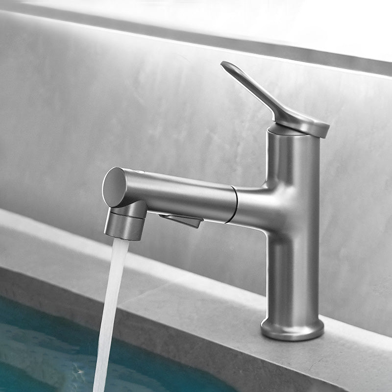 Modern Vessel Sink Faucet Lever Handle Pull-out Bathroom Faucet Cinzento Clearhalo 'bathroom_sink_faucets' 'Conjuntos de Torneiras de Lavatório e Banheiro' 'home_improvement' 'home_improvement_bathroom_sink_faucets' 'Mobiliário Doméstico' 'Página inicial' 'Renovação e equipamento de casa de banho' 'Torneira para lavatório de banheiro' 7313630