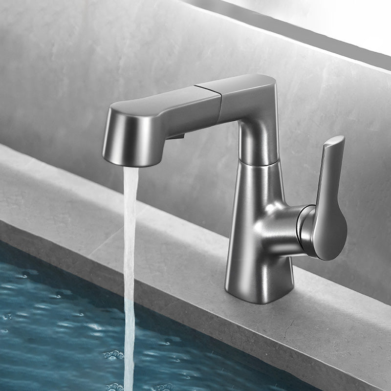 Modern Vessel Sink Faucet Lever Handle Pull-out Bathroom Faucet Cinzento Escuro Clearhalo 'bathroom_sink_faucets' 'Conjuntos de Torneiras de Lavatório e Banheiro' 'home_improvement' 'home_improvement_bathroom_sink_faucets' 'Mobiliário Doméstico' 'Página inicial' 'Renovação e equipamento de casa de banho' 'Torneira para lavatório de banheiro' 7313632