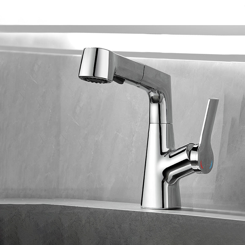 Modern Vessel Sink Faucet Lever Handle Pull-out Bathroom Faucet Prata Clearhalo 'bathroom_sink_faucets' 'Conjuntos de Torneiras de Lavatório e Banheiro' 'home_improvement' 'home_improvement_bathroom_sink_faucets' 'Mobiliário Doméstico' 'Página inicial' 'Renovação e equipamento de casa de banho' 'Torneira para lavatório de banheiro' 7313637