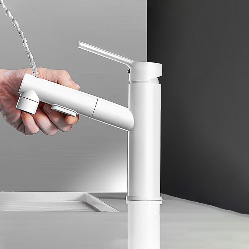 Modern Vessel Sink Faucet Lever Handle Pull-out Bathroom Faucet Branco Clearhalo 'bathroom_sink_faucets' 'Conjuntos de Torneiras de Lavatório e Banheiro' 'home_improvement' 'home_improvement_bathroom_sink_faucets' 'Mobiliário Doméstico' 'Página inicial' 'Renovação e equipamento de casa de banho' 'Torneira para lavatório de banheiro' 7313638