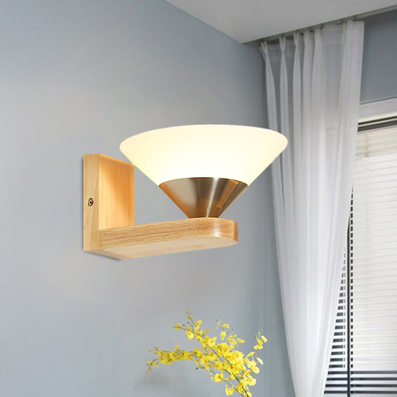 1 Bulb Bedside Wall Sconce Modern Wood and Nickel Wall Light Fixture with Cone White Glass Shade White Clearhalo 'Cast Iron' 'Glass' 'Industrial' 'Modern wall lights' 'Modern' 'Tiffany' 'Traditional wall lights' 'Wall Lamps & Sconces' 'Wall Lights' Lighting' 731365