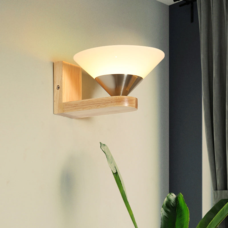 1 Bulb Bedside Wall Sconce Modern Wood and Nickel Wall Light Fixture with Cone White Glass Shade Clearhalo 'Cast Iron' 'Glass' 'Industrial' 'Modern wall lights' 'Modern' 'Tiffany' 'Traditional wall lights' 'Wall Lamps & Sconces' 'Wall Lights' Lighting' 731366