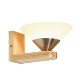 1 Bulb Bedside Wall Sconce Modern Wood and Nickel Wall Light Fixture with Cone White Glass Shade Clearhalo 'Cast Iron' 'Glass' 'Industrial' 'Modern wall lights' 'Modern' 'Tiffany' 'Traditional wall lights' 'Wall Lamps & Sconces' 'Wall Lights' Lighting' 731367