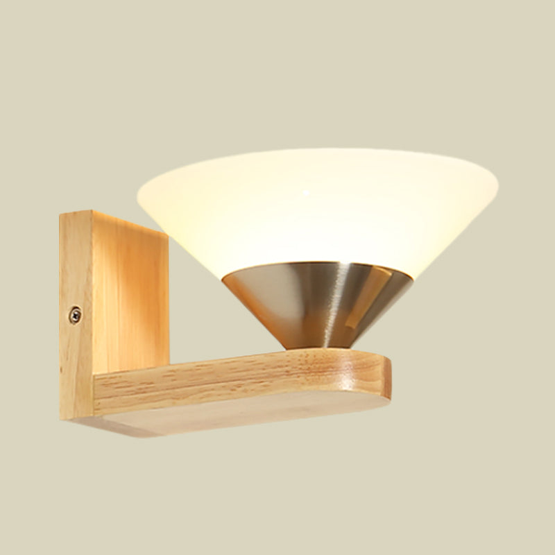 1 Bulb Bedside Wall Sconce Modern Wood and Nickel Wall Light Fixture with Cone White Glass Shade Clearhalo 'Cast Iron' 'Glass' 'Industrial' 'Modern wall lights' 'Modern' 'Tiffany' 'Traditional wall lights' 'Wall Lamps & Sconces' 'Wall Lights' Lighting' 731368